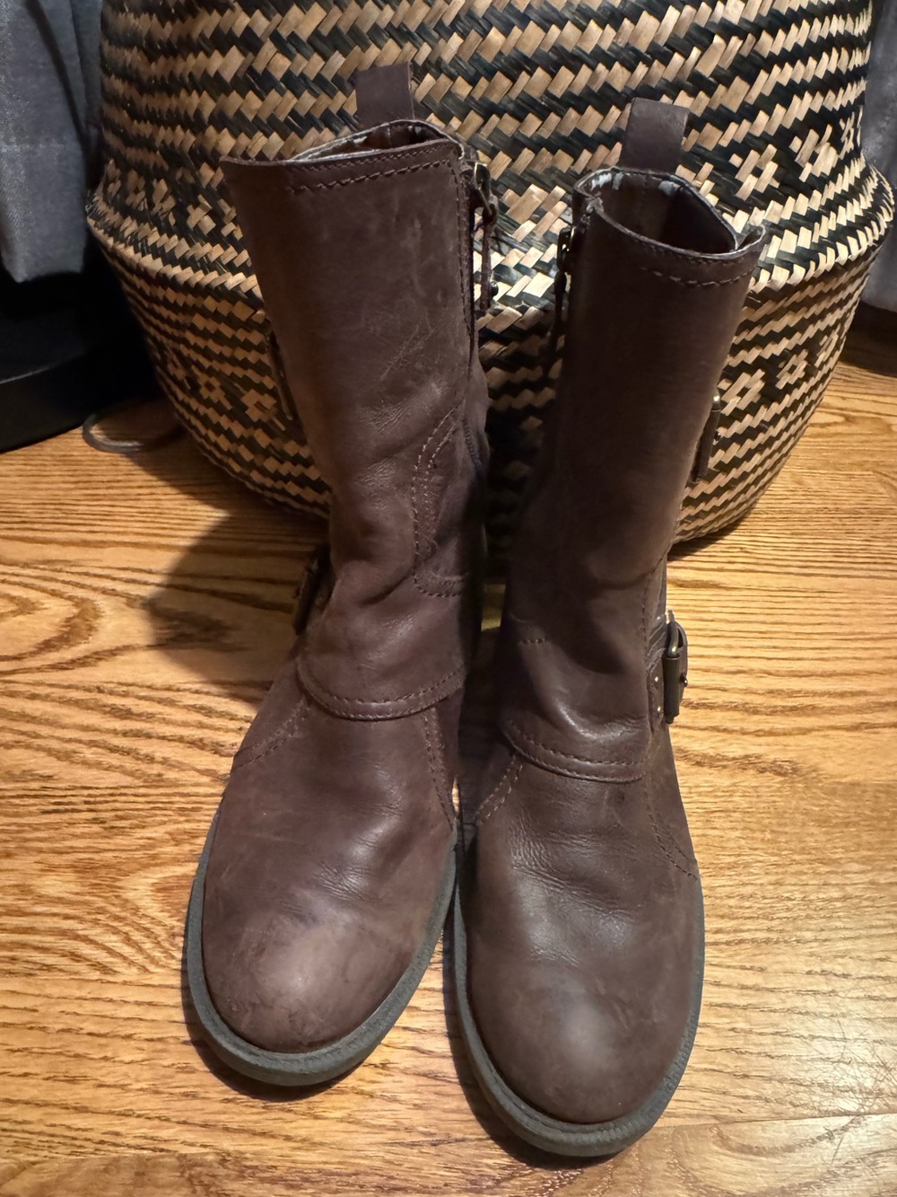 Enzo Angiolini brown leather midi ankle boots with buckle details